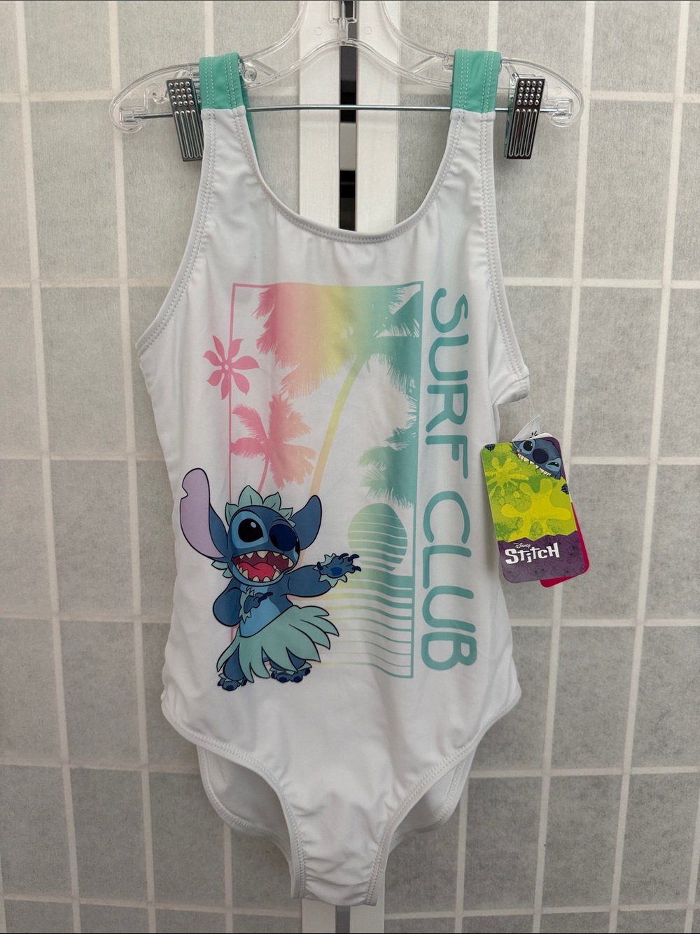 Disney Stitch Surf Club' Girls White & Teal One-Piece Swimsuit Size 10/12 NWT